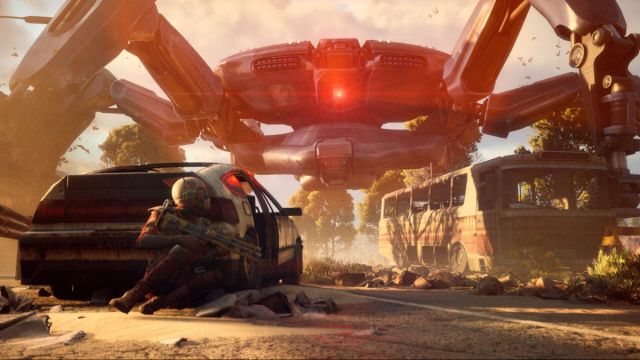 A huge enemy arc looms over a cowering player.