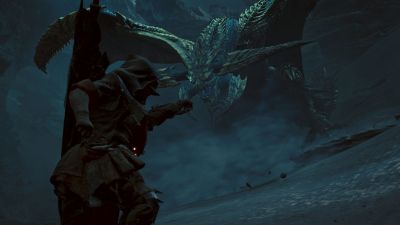 Key art for Monster Hunter Wilds where the player faces off against a dragon-like creature.