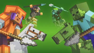Minecraft characters and mobs on horses preparing to fight