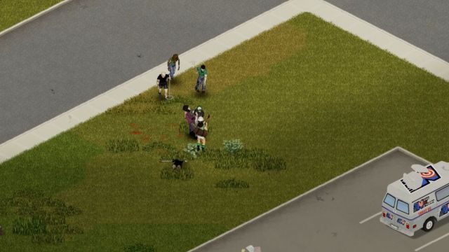 A player fights zombies with a fire axe next to a road near a news can in Project Zomboid.