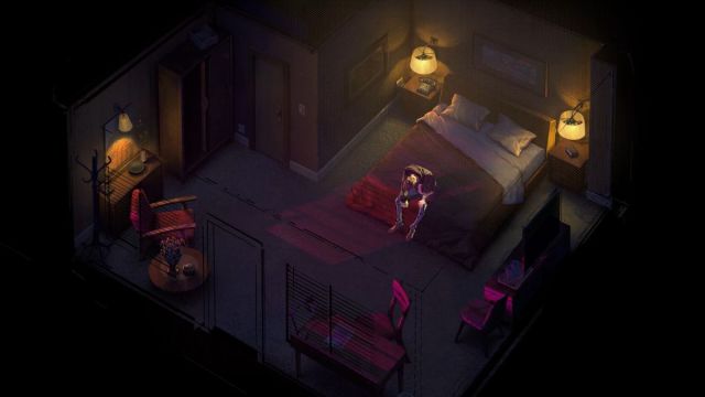 Eugene sits on the motel bed in darkness.